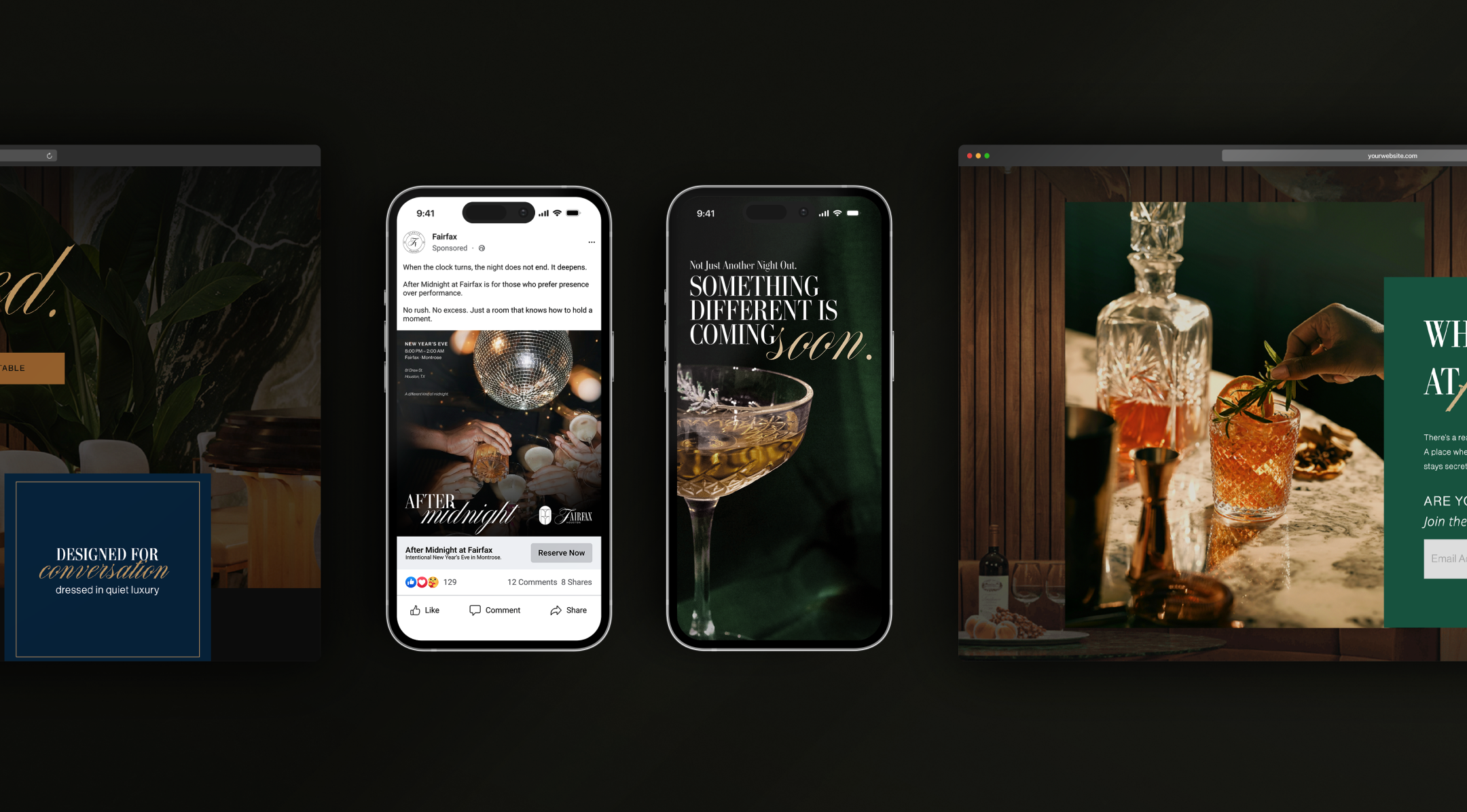 Three smartphones displaying advertisements and event promotions, with a background of digital graphics and promotional posters for social gatherings and luxury events at Fairfax Houston.