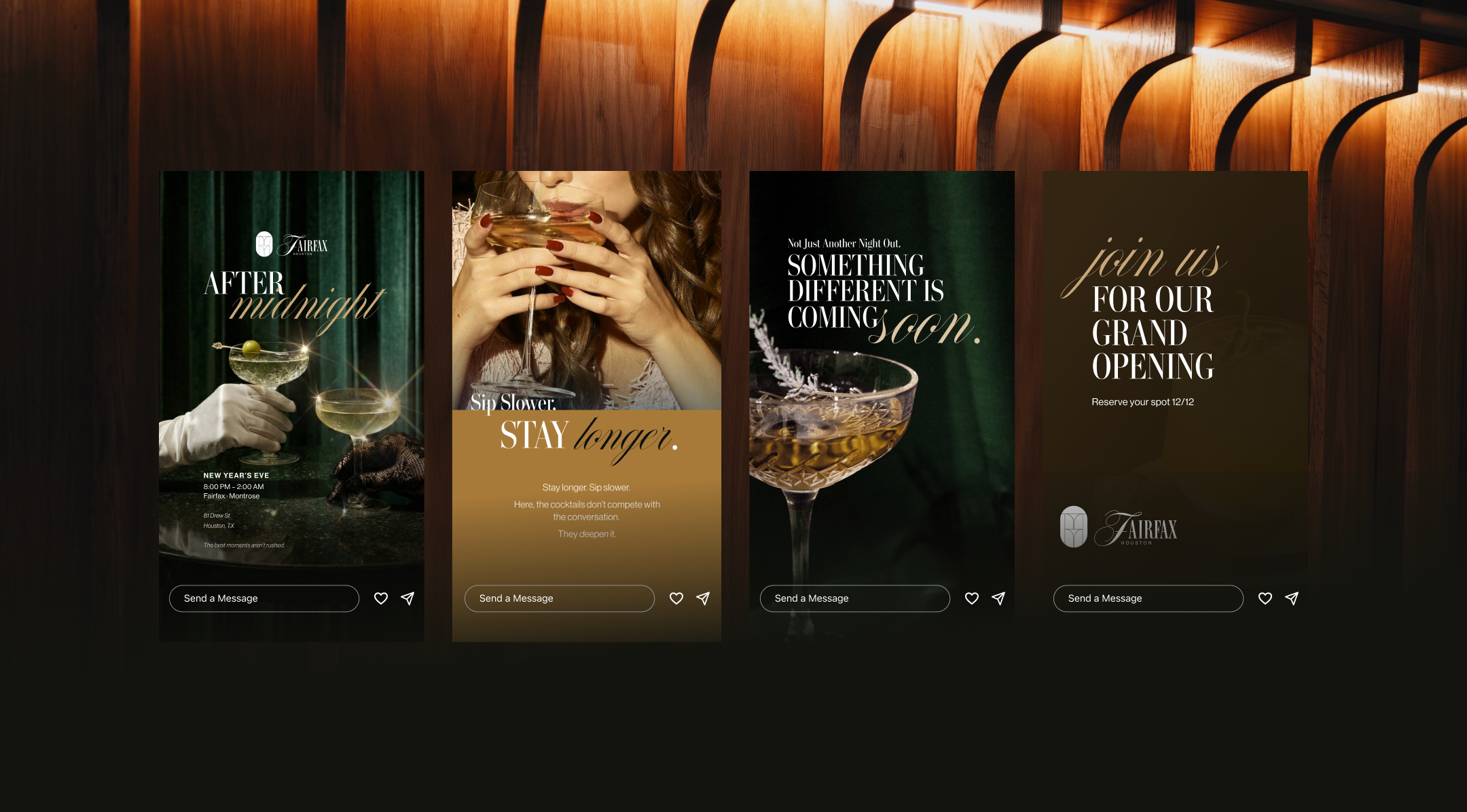 Event promotion posters for a nightclub or bar named Fairfax Houston. The posters advertise a New Year's Eve party, with images of cocktails and a woman drinking from a glass. The text invites people to join for the grand opening, stay longer, and reserve their spot.