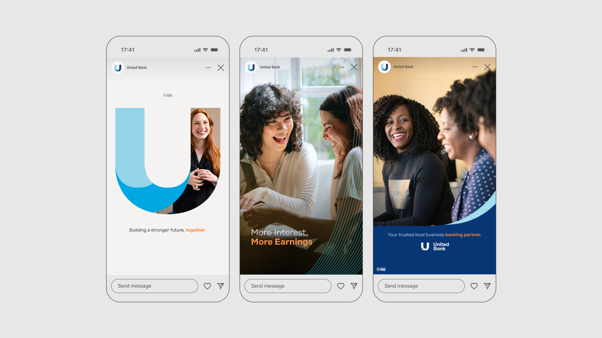 Three smartphone screens display United Bank advertisements featuring diverse women smiling and engaging in conversations, with text emphasizing trust, interest, earnings, and partnership.