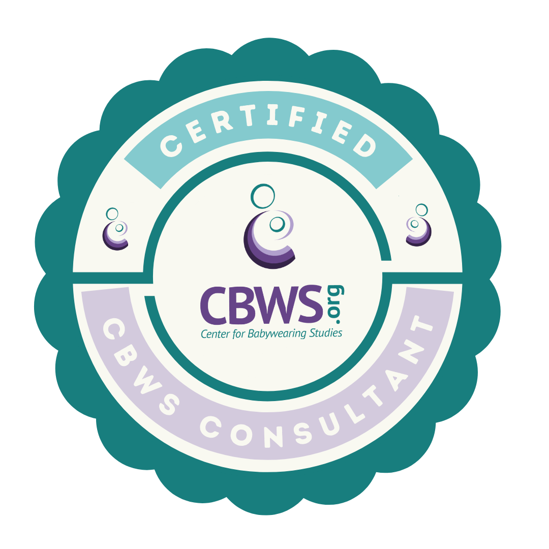 CBWS Certified Center for Babywearing Studies badge with a teal scalloped border, white background, and purple text.