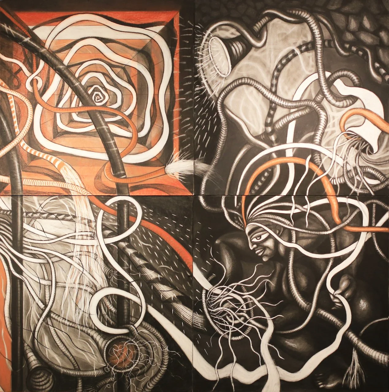 (Close Up) The Mutual Possession of Ten Worlds, Charcoal on Panel, 60" X 60" (H X W)