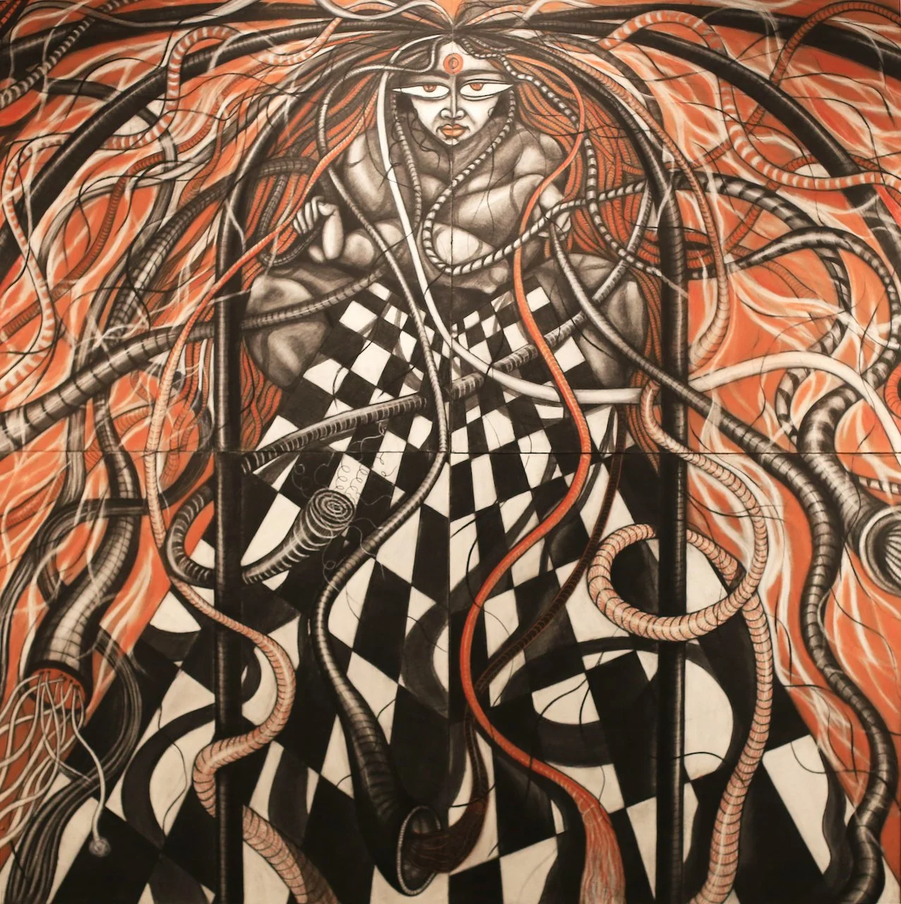 (Close Up) The Mutual Possession of Ten Worlds, Charcoal on Panel, 60" X 60" (H X W)