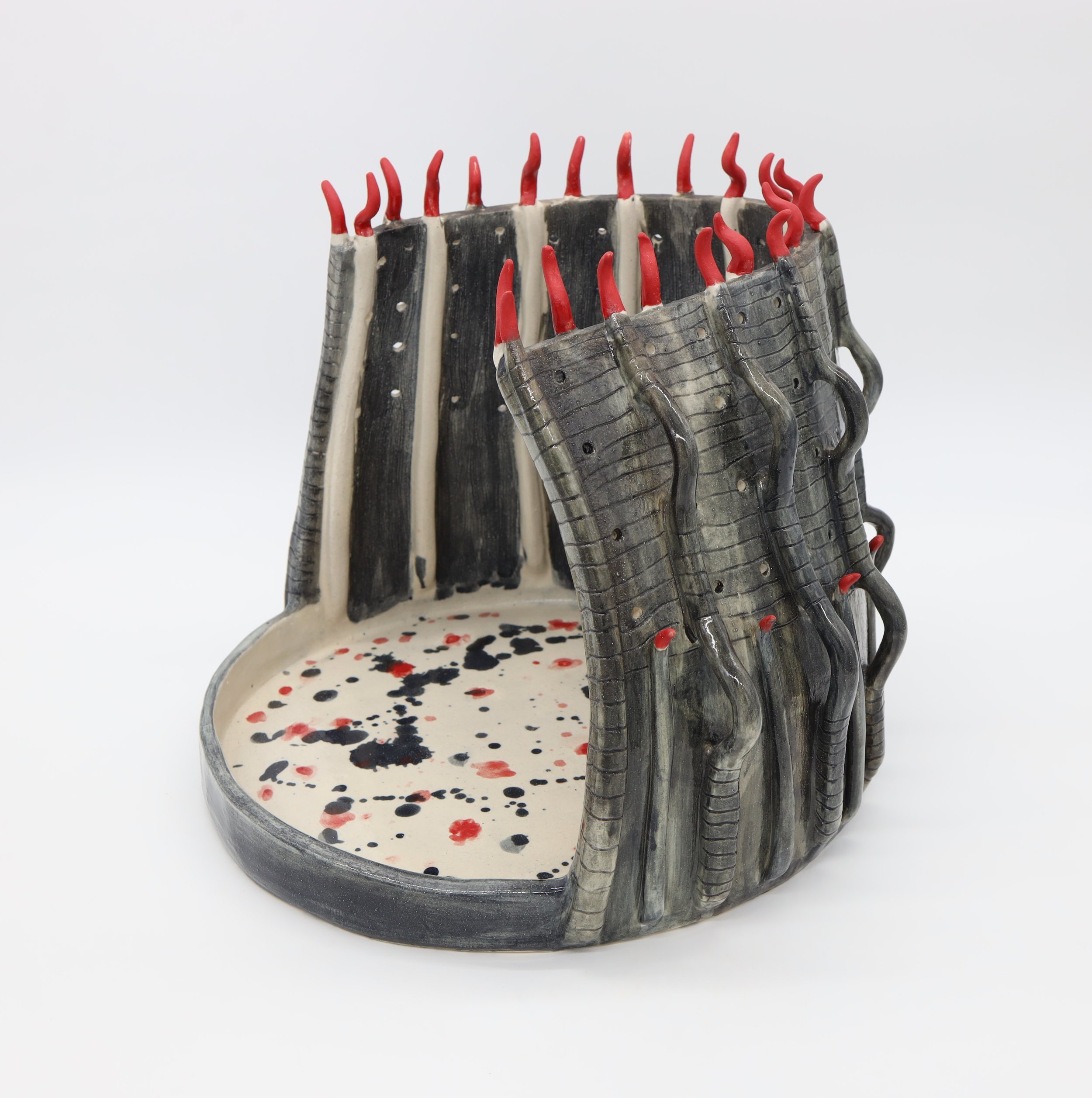 (Side view without center piece) Agninaari (Woman of Fire), Ceramic, 2025, 11.5” X 14” X 13.5” (H X W X D)