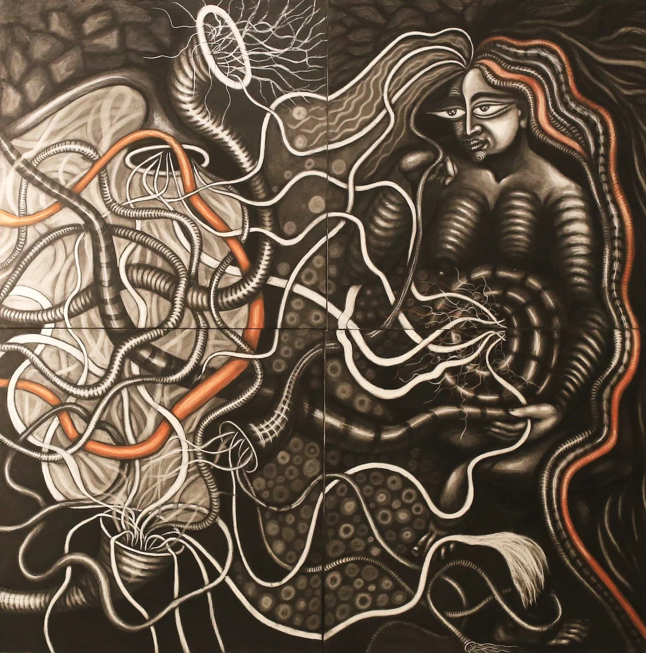 (Close Up) The Mutual Possession of Ten Worlds, Charcoal on Panel, 60" X 60" (H X W)