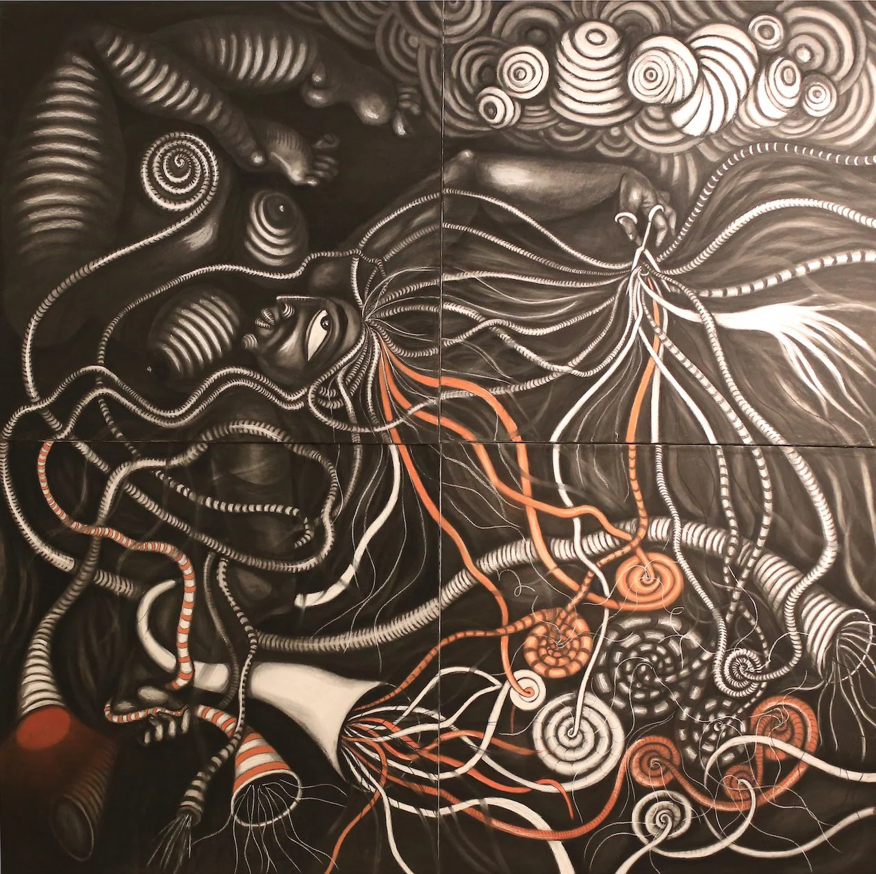 (Close Up) The Mutual Possession of Ten Worlds, Charcoal on Panel, 60" X 60" (H X W)