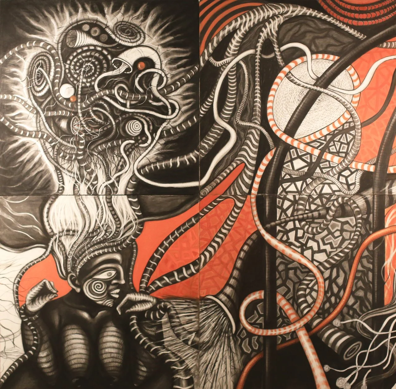 (Close Up) The Mutual Possession of Ten Worlds, Charcoal on Panel, 60" X 60" (H X W)