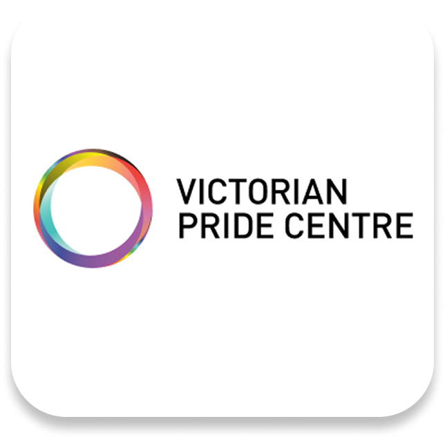 Logo of Victorian Pride Centre with a rainbow-colored circle and black text.