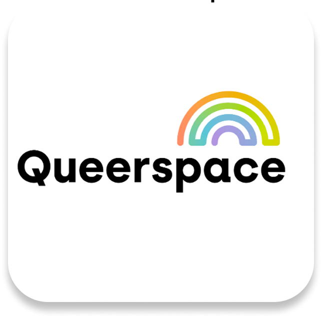 Queerspace logo with a rainbow arch above the text in bold black font.