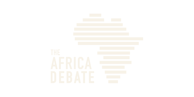 A minimalist graphic of the African continent made with horizontal lines, accompanied by the text 'The Africa Debate' on the left.