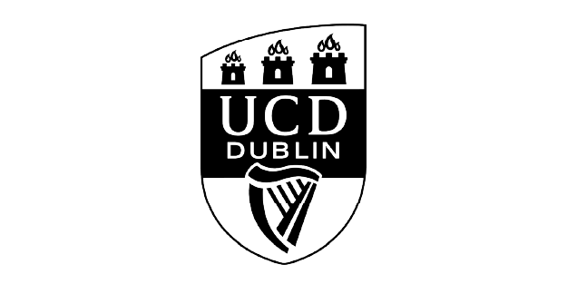 UCD Dublin logo featuring three candles, the text 'UCD Dublin', and a harp symbol on a shield background.