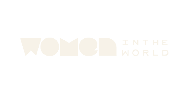 Text that reads 'WOMEN IN THE WORLD' with the words 'WOMEN' and 'WORLD' in larger, bold letters.