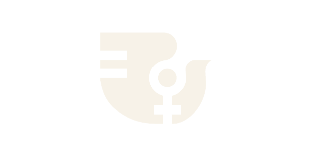 Logo with a stylized female symbol and a winged element on the left.