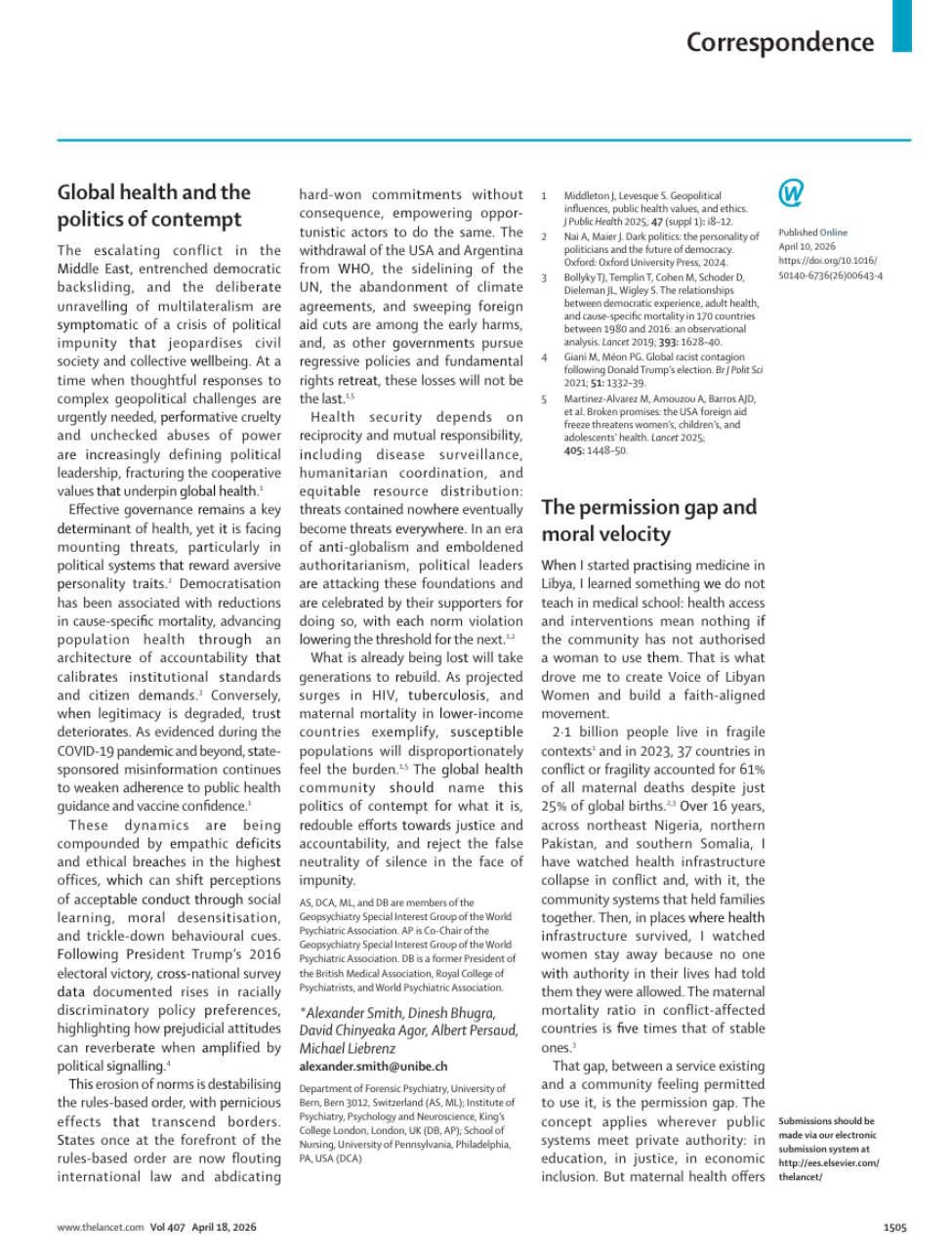 A page from a journal or report, titled 'Global health and the politics of contempt,' discussing international health issues, the politics of health, and the moral aspects of service and authority in healthcare.