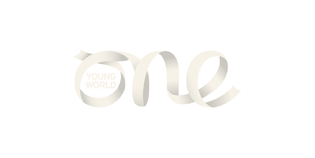 Lettering that spells 'one' with a ribbon and a yellow line to the right.