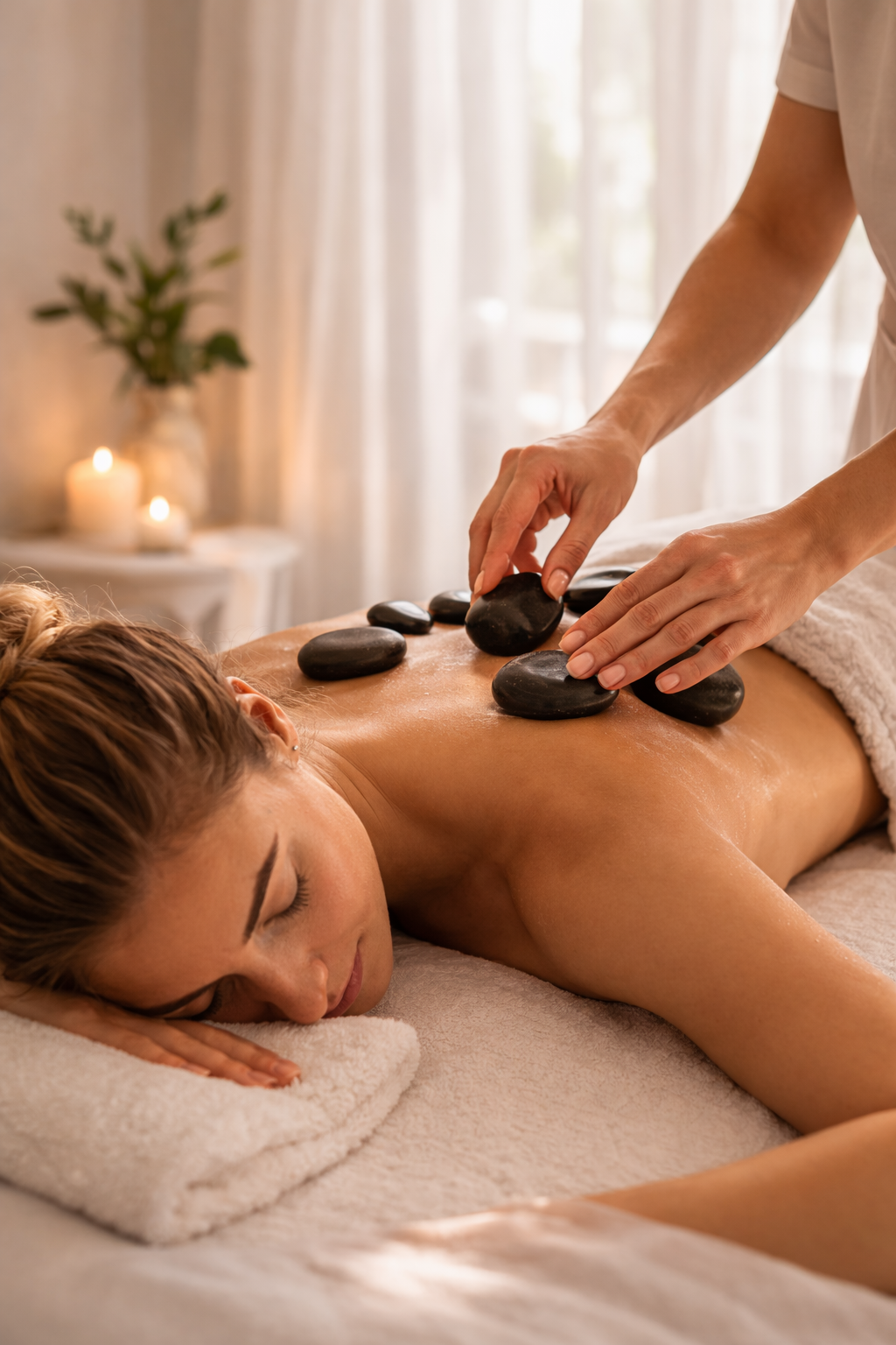 A woman lying face down on a massage table is receiving a hot stone massage, with smooth black stones placed on her back as a massage therapist arranges them.