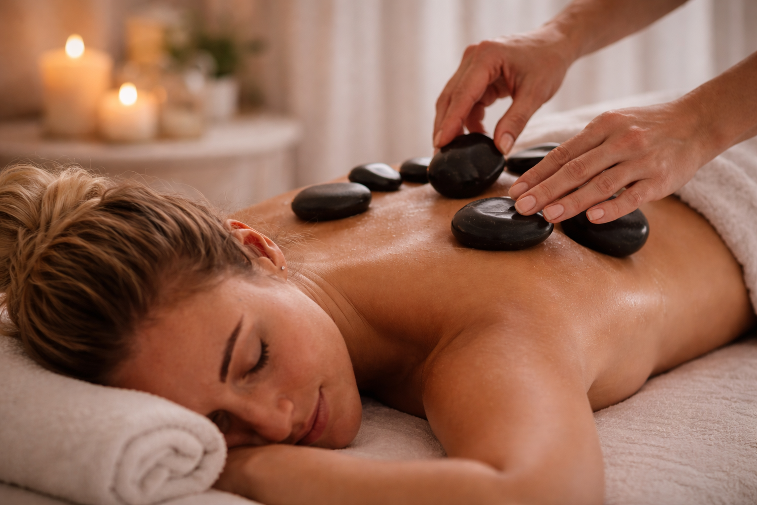 A woman receiving a hot stone massage in a spa setting with candles in the background.
