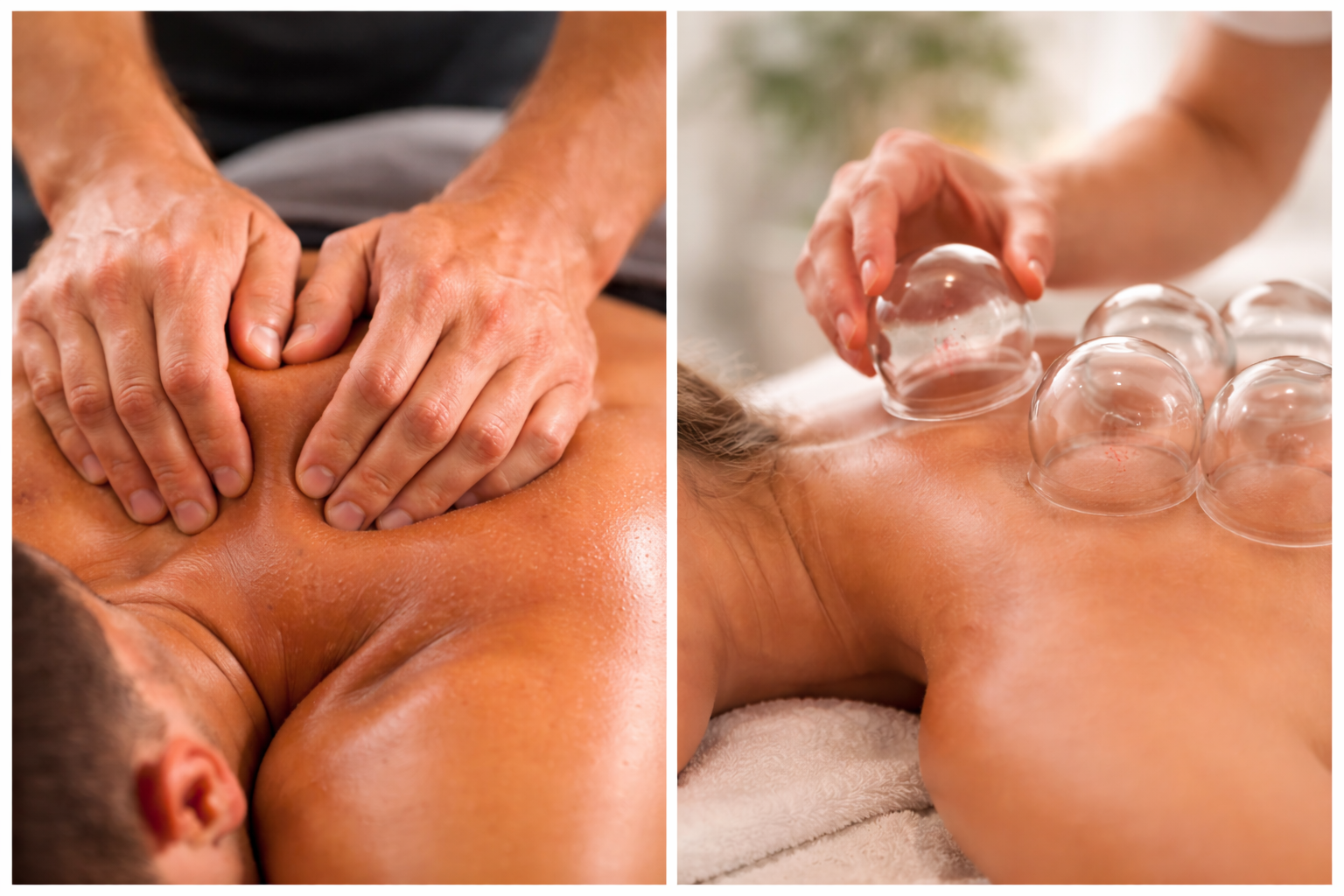 Side-by-side images of a person receiving a massage, with the left image showing a massage therapist applying pressure to the person's back, and the right image showing cupping therapy being performed on the person's back.