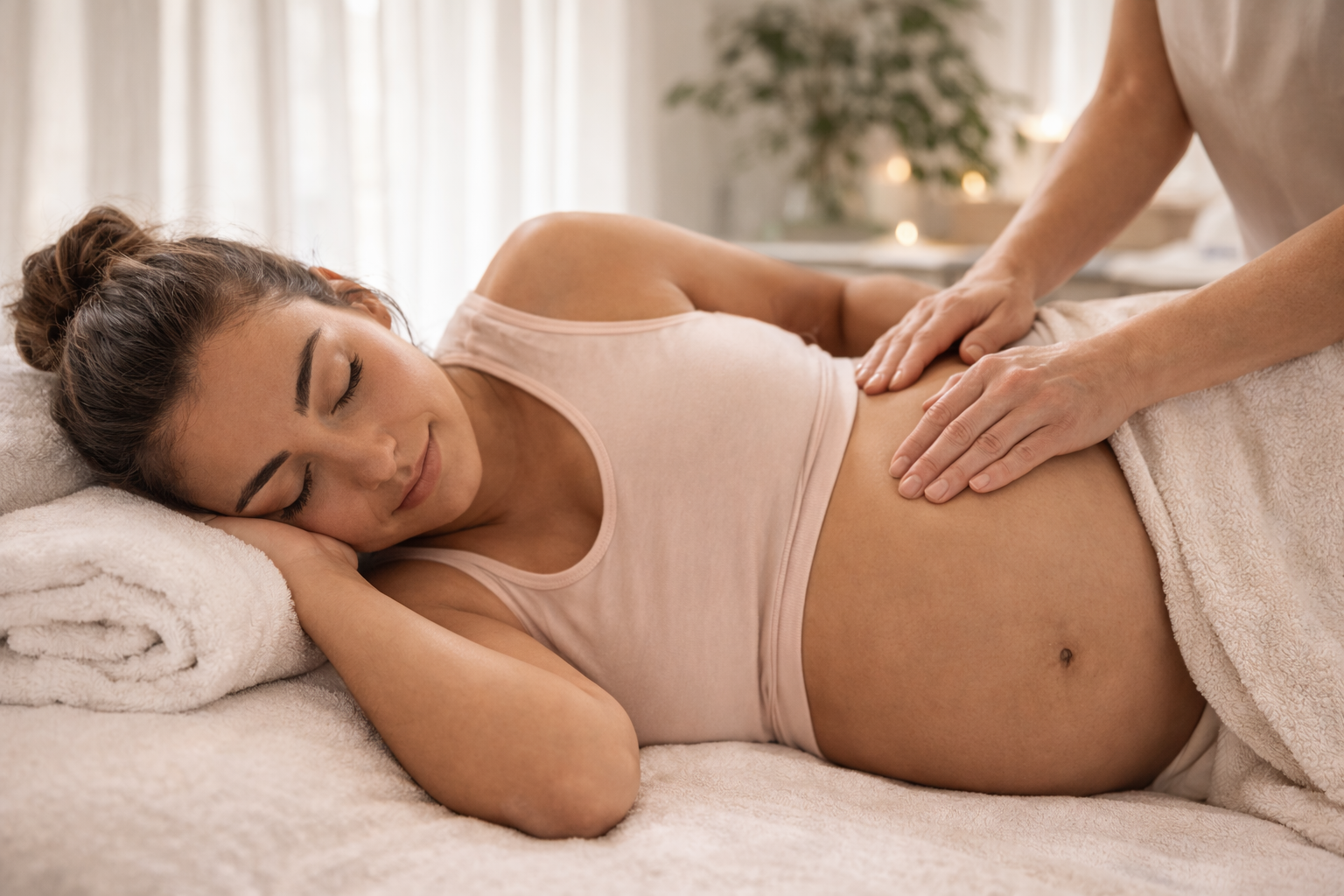 A pregnant woman lying on her side receiving a massage in a bright, cozy room.