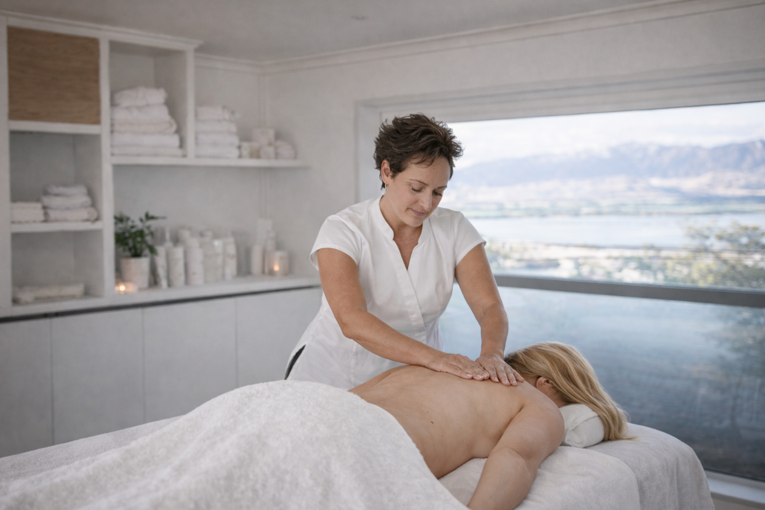 Woman giving a back massage to a woman lying face down on a massage table in a spa room with large window shows city and mountains.
