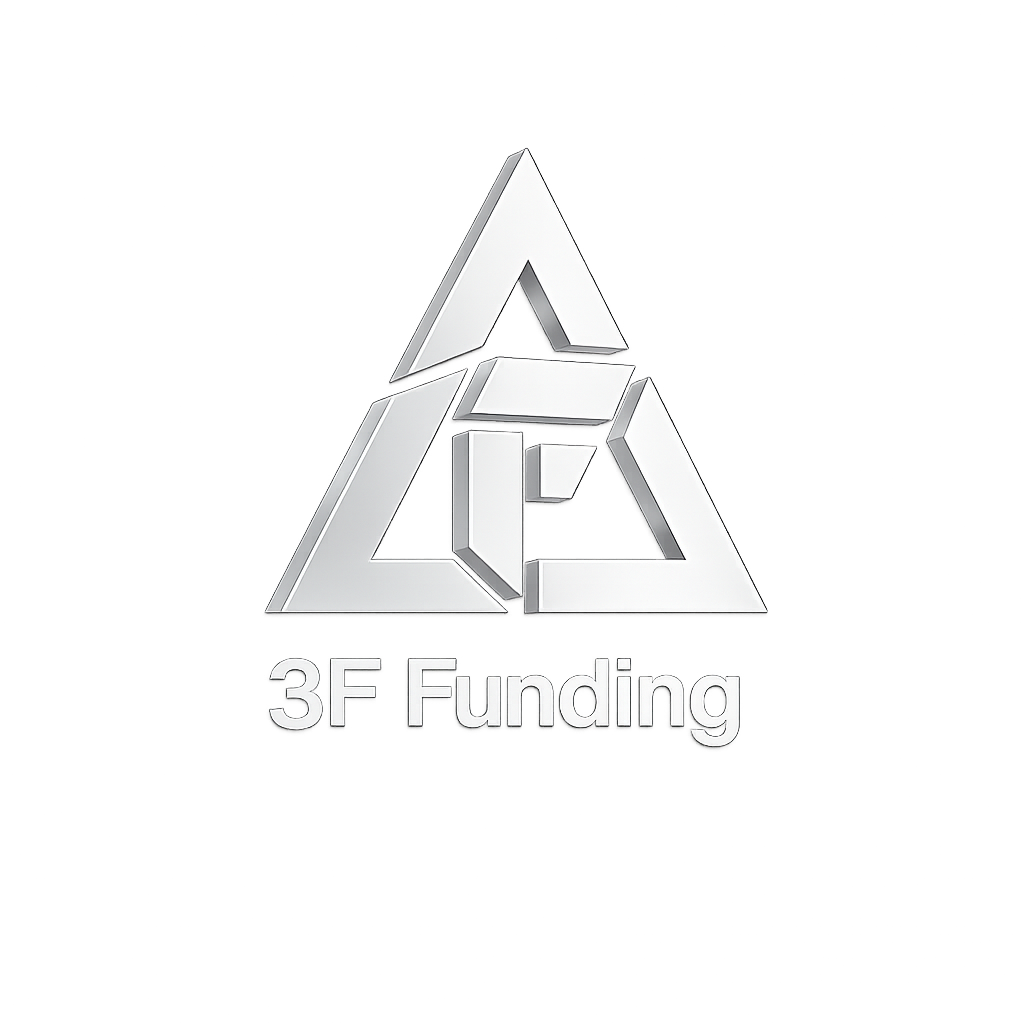 A silver 3D geometric logo with the text "3F Funding" below it, set against a black background with colorful diagonal light streaks.
