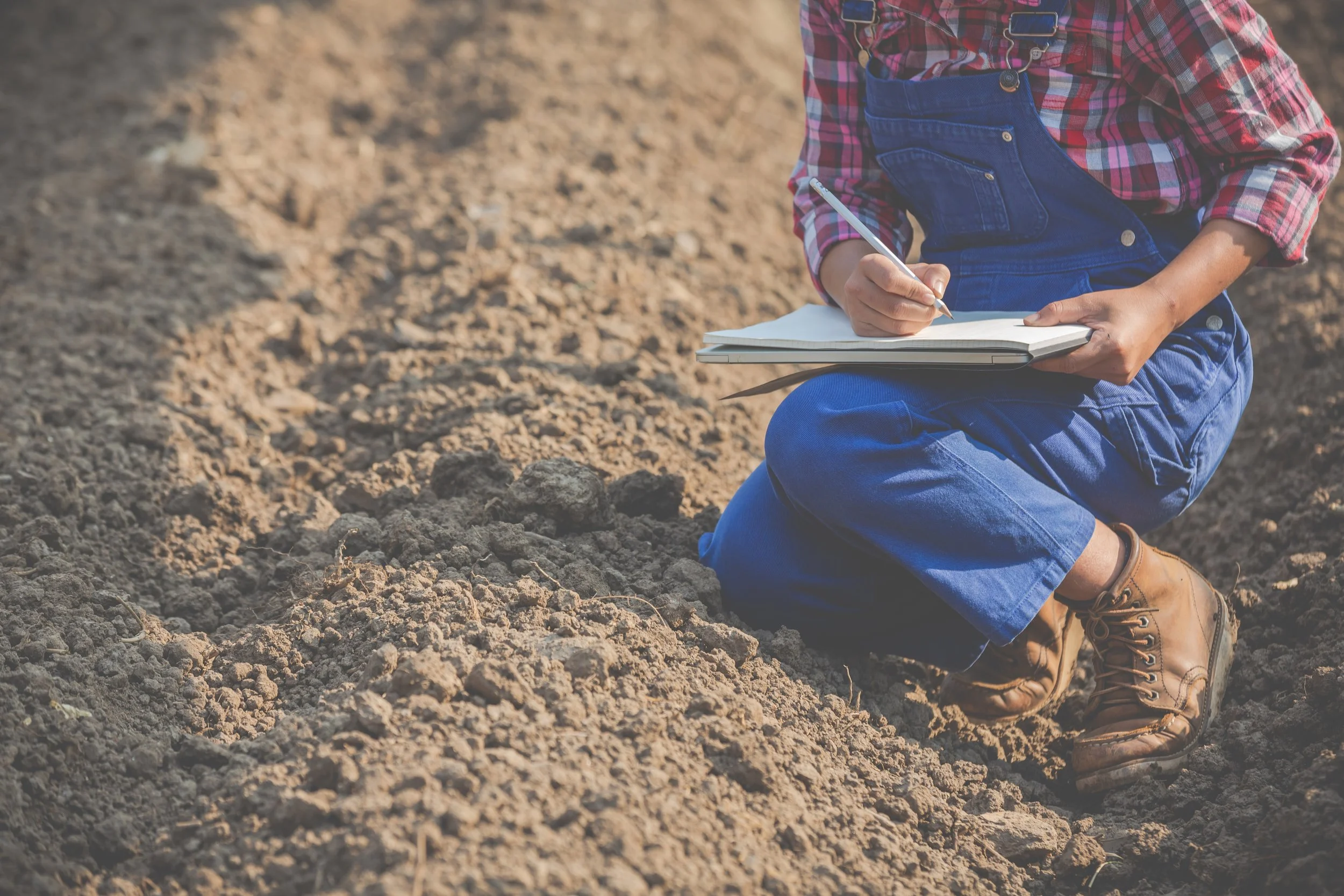 site and lot coordination - woman kneeling in dirt with check list
