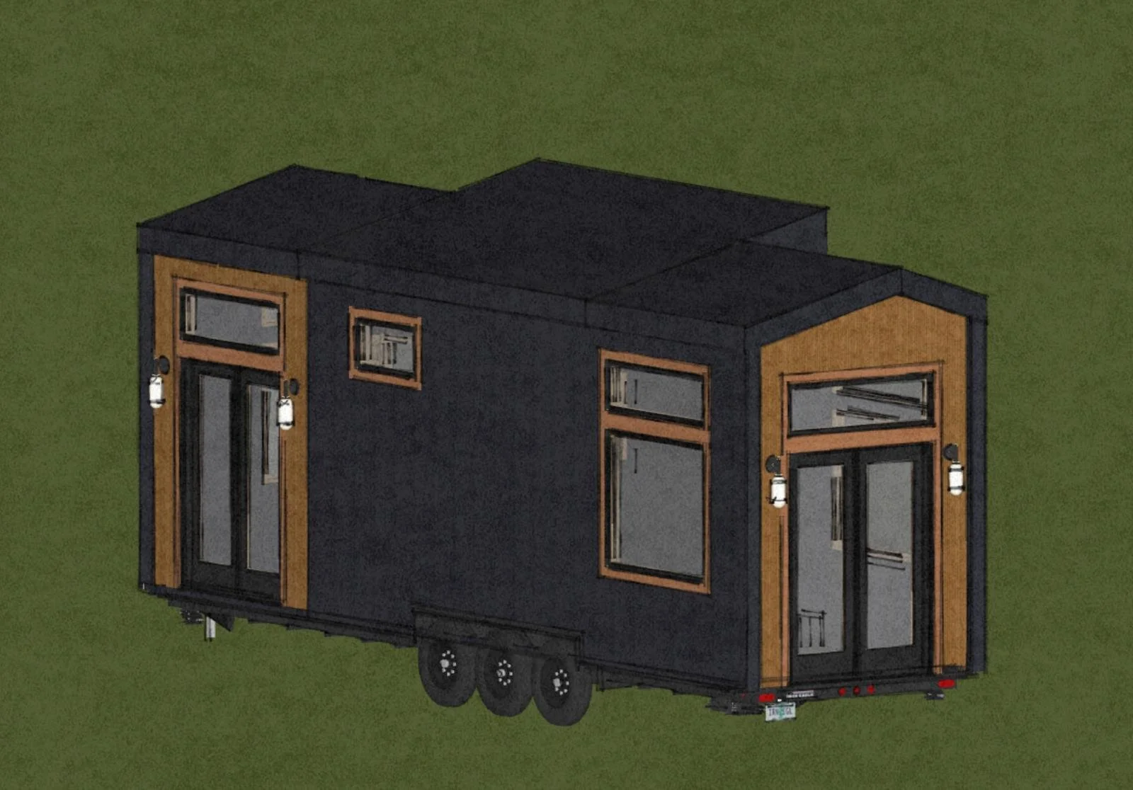 A modern tiny house on wheels with black siding and wooden framing around the windows and doors, featuring exterior lighting fixtures.