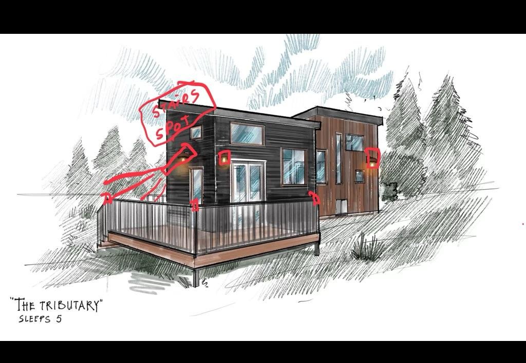 Sketch of a modern two-story house with a balcony, labeled as 'The Tributary,' sleeping five, with trees in the background.