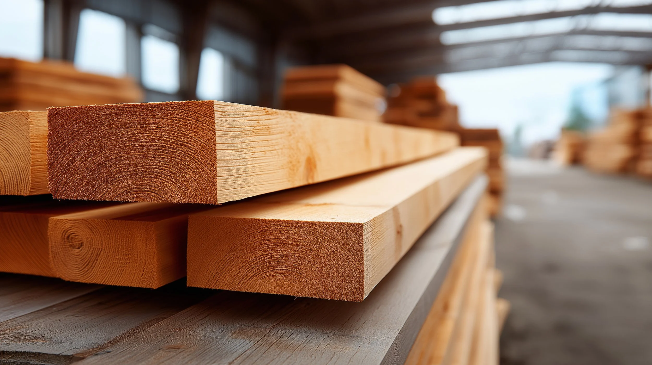 Stacks of cut wood planks stored indoors, with a focus on the edge of one plank showing growth rings.