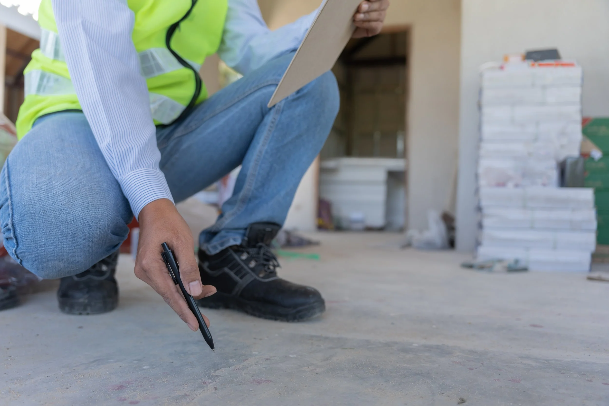 A construction worker in a neon yellow safety vest is squatting on the floor and using a black marker to mark the surface of a concrete slab. The worker is wearing blue jeans and black work boots. In the background, there are stacked white boxes and construction materials.