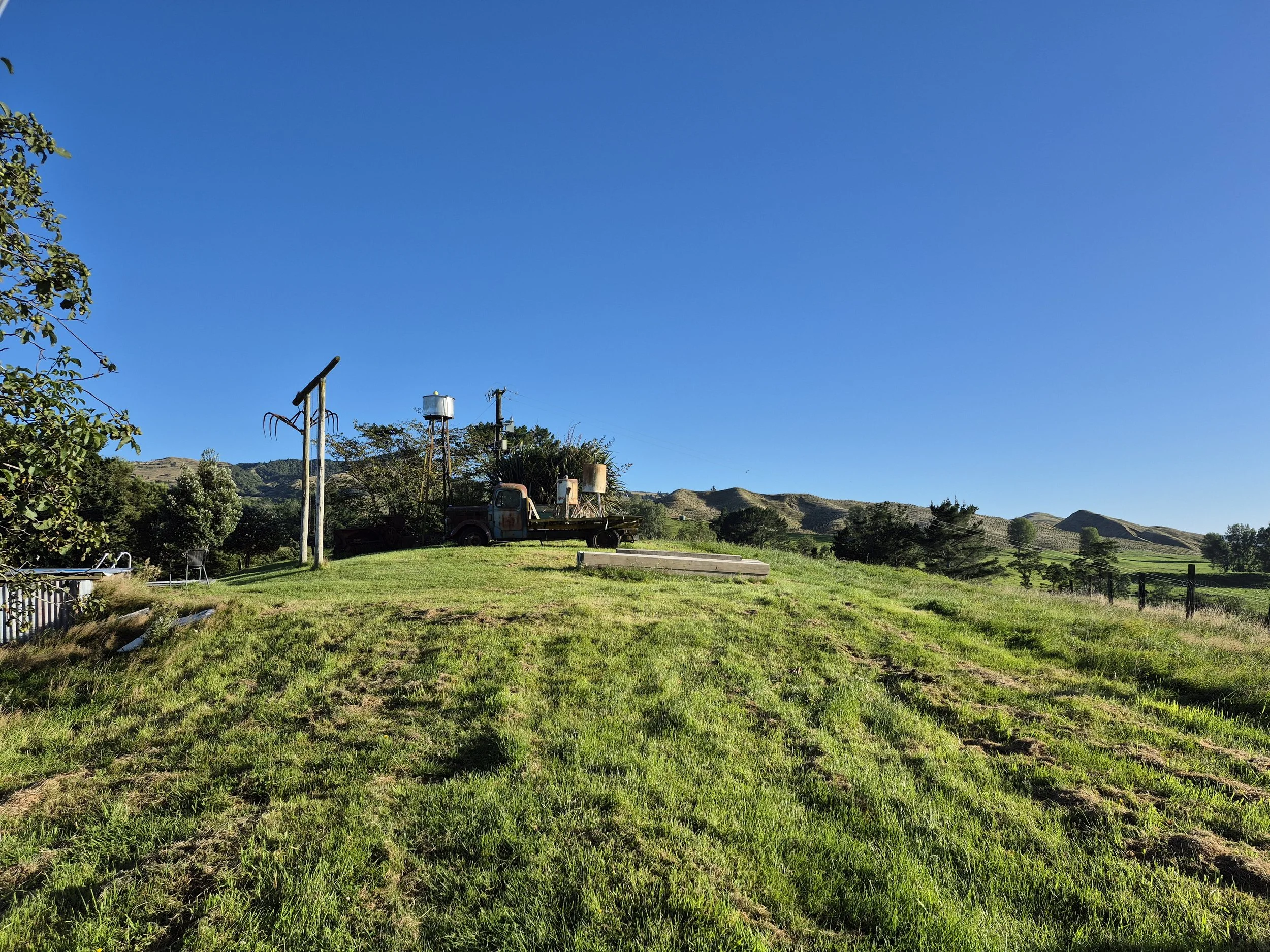 Open grassy field with a truck and old utility poles, mountains in the background under a clear blue sky.