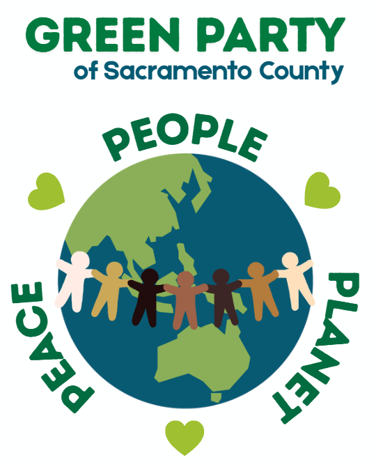 Logo for Green Party of Sacramento County featuring a globe with two continents and nine diverse figures holding hands around it, with green  hearts around the globe, and green text.