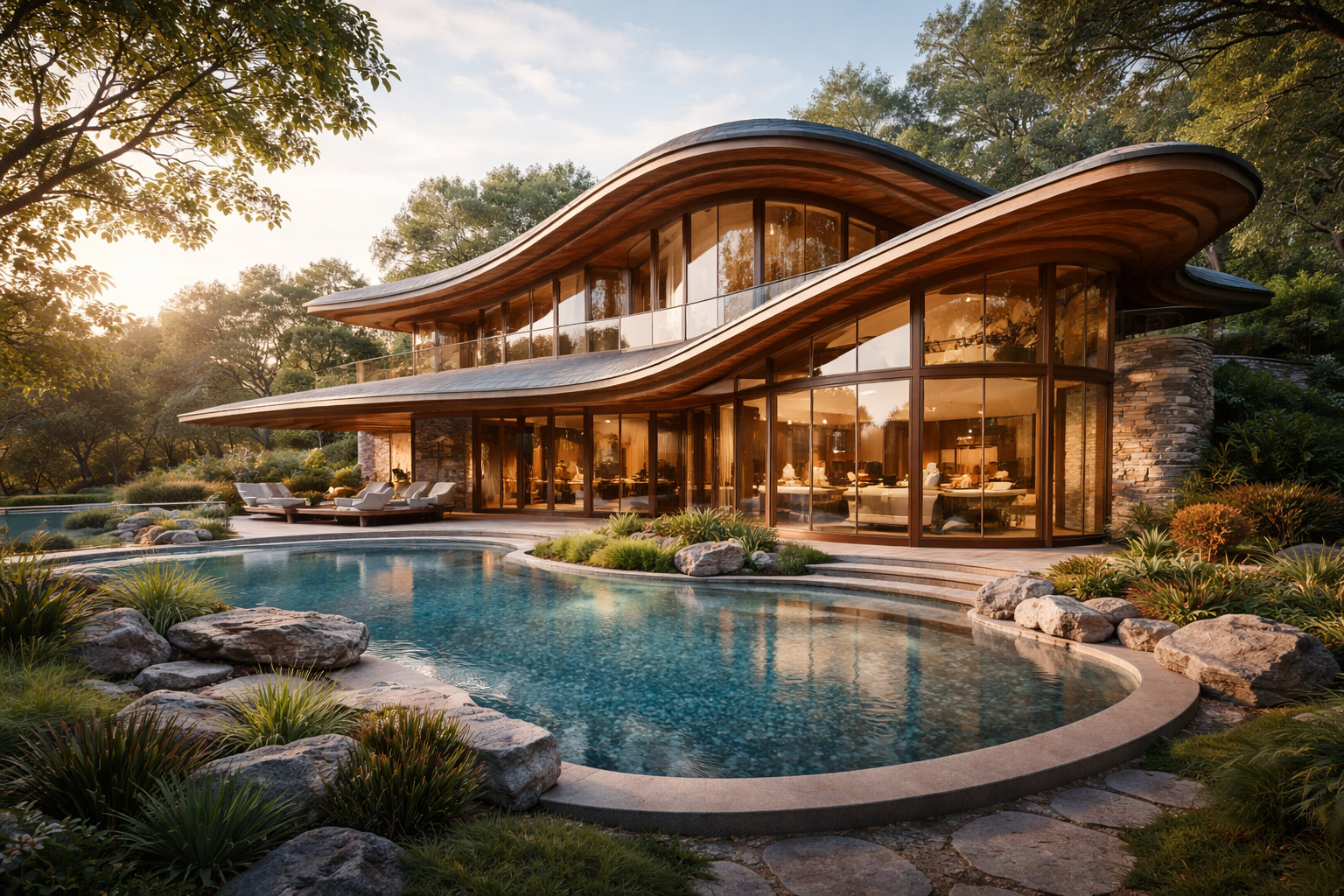 Casa moderna de diseño orgánico con muros de piedra, grandes ventanas de cristal y techo curvo, rodeada de jardines y piscina al aire libre.