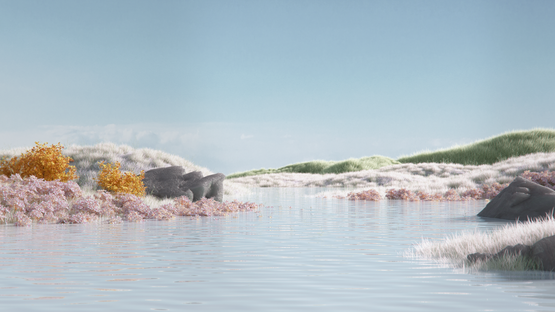 A serene digital illustration of a landscape with a calm body of water, pink and orange flowering bushes on the shore, and a background of rolling green hills under a clear blue sky.