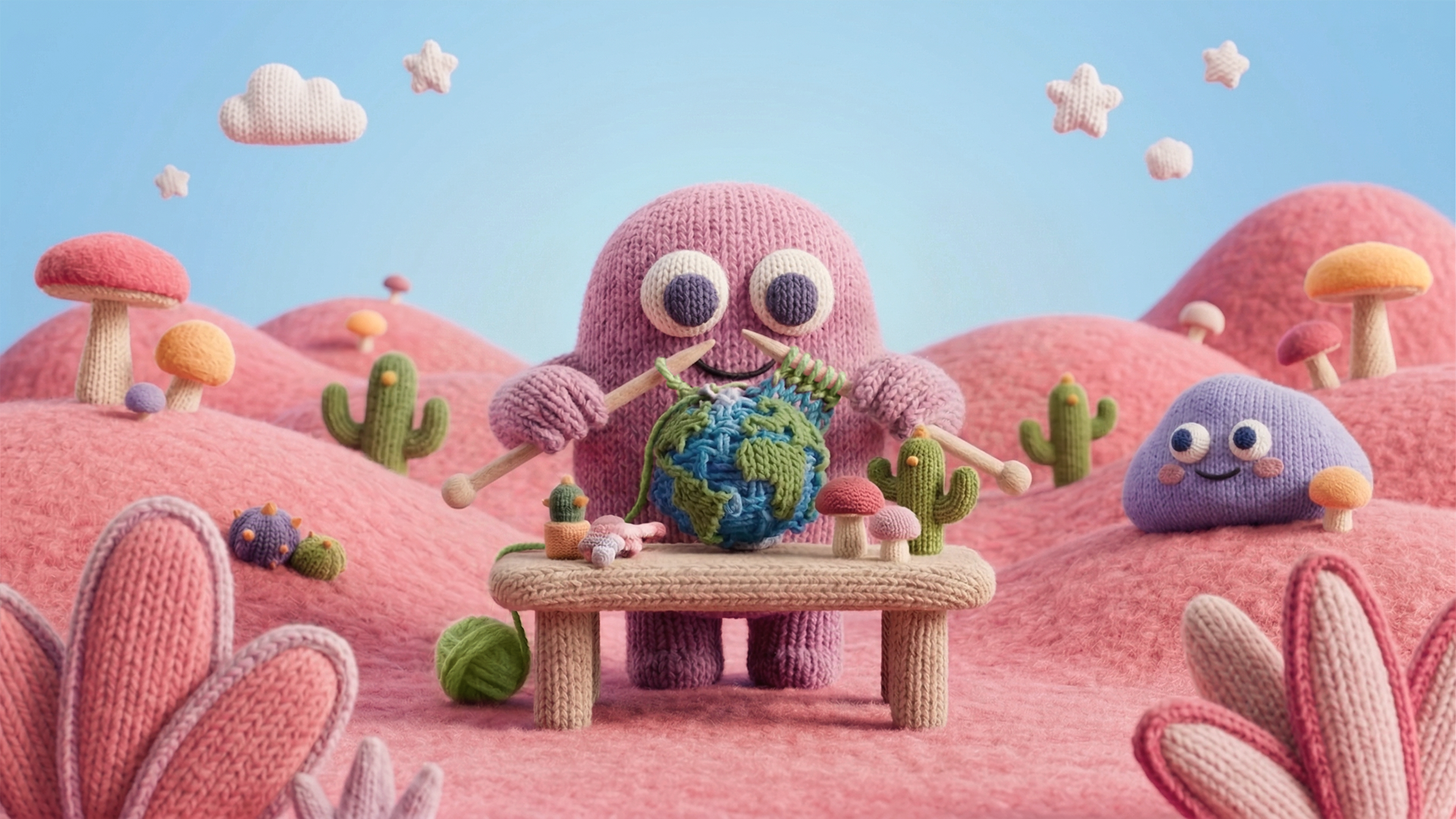 A whimsical knitted character carefully stitching a miniature Earth with oversized knitting needles in a dreamy pastel landscape. The scene features soft pink hills, tiny knitted mushrooms and cacti, floating clouds and stars, and playful handcrafted