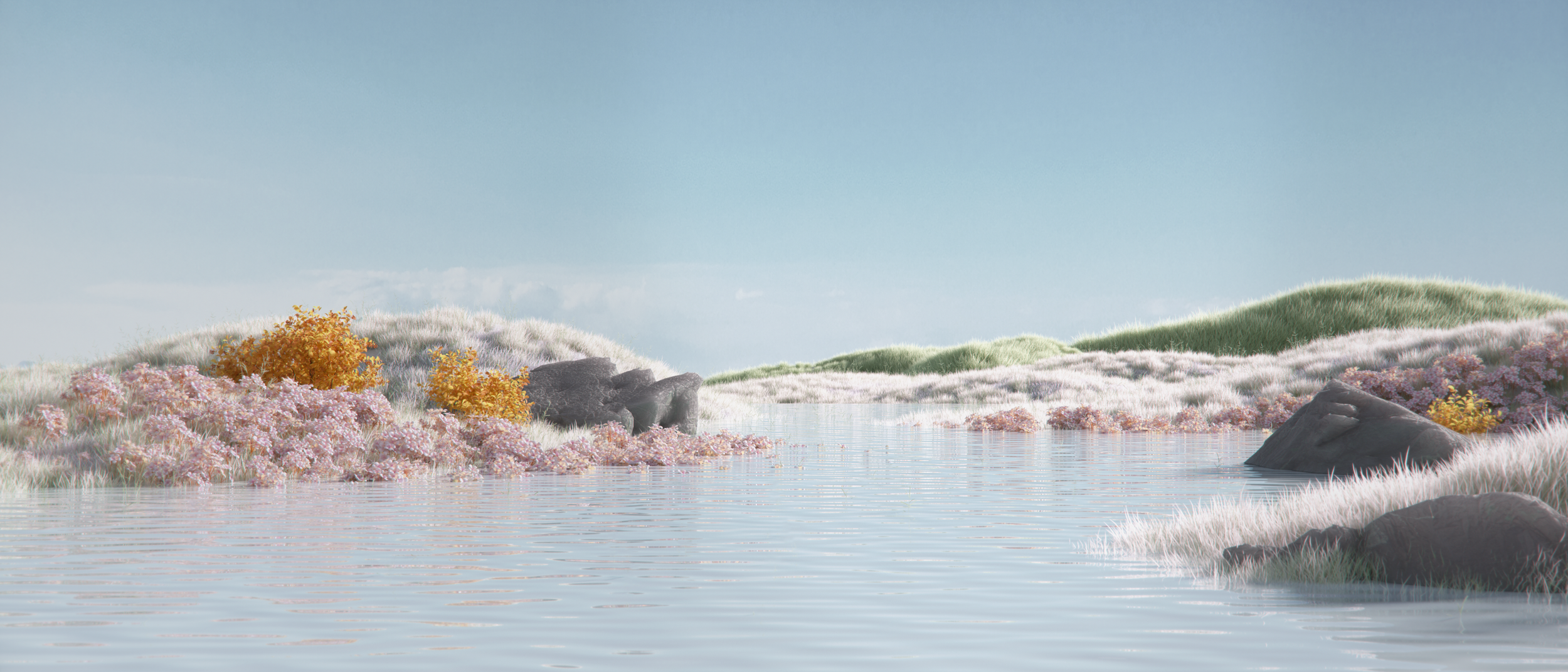 A serene landscape with a body of water, colorful bushes, rocks, grassy hills, and a clear sky.