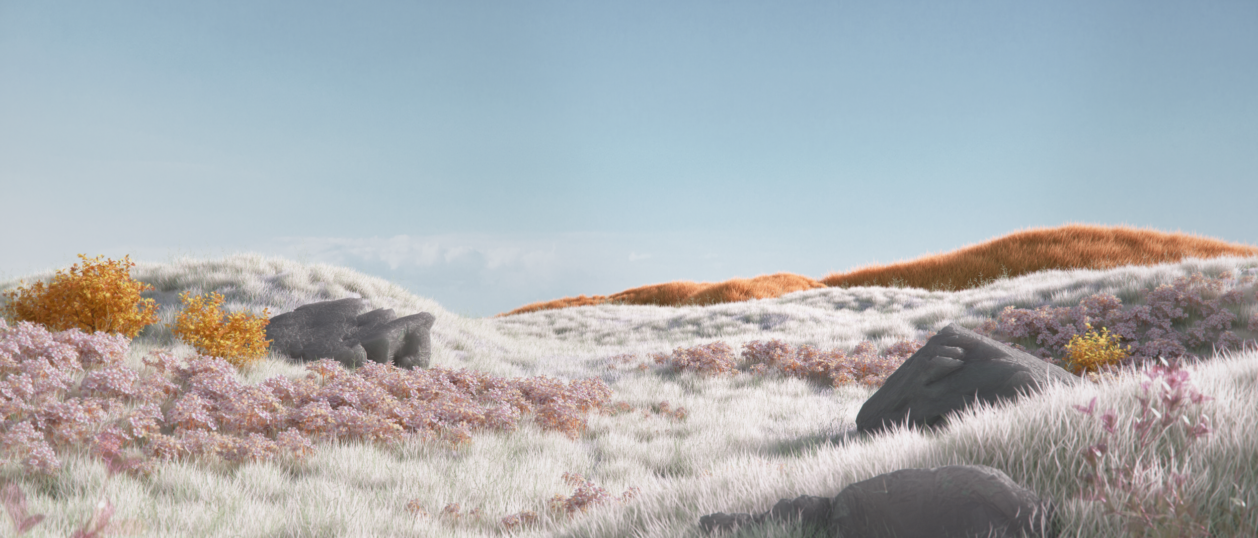 A serene digital landscape with rolling hills covered in soft, white, pink, and orange grass, scattered large rocks, and colorful bushes under a clear blue sky.