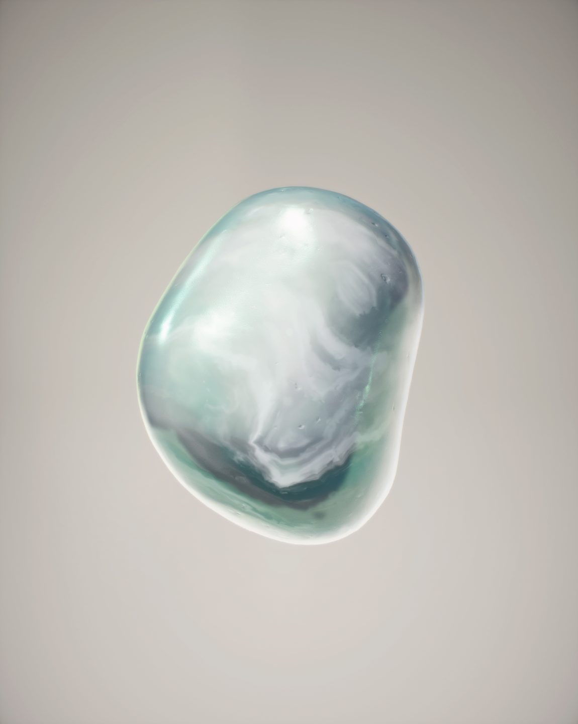 Close-up of a smooth, translucent, irregularly shaped stone or glass object with a glossy surface, against a plain, neutral background.