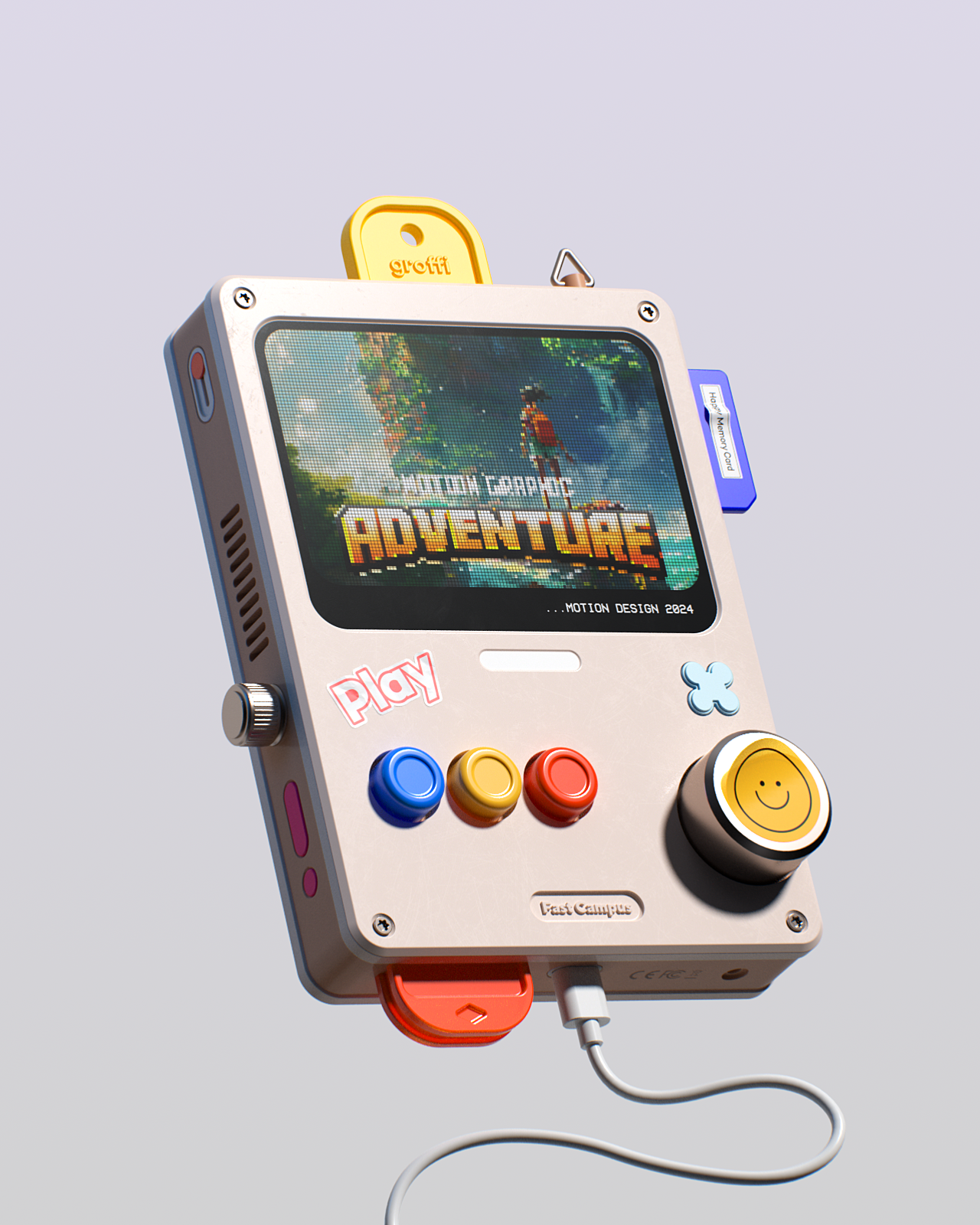 A pixel art style handheld gaming device displaying the title 'Adventure.' The device has colorful buttons, a smiley face joystick, a headphone jack, and a small yellow charm attached at the top. The screen shows a pixelated landscape with a characte