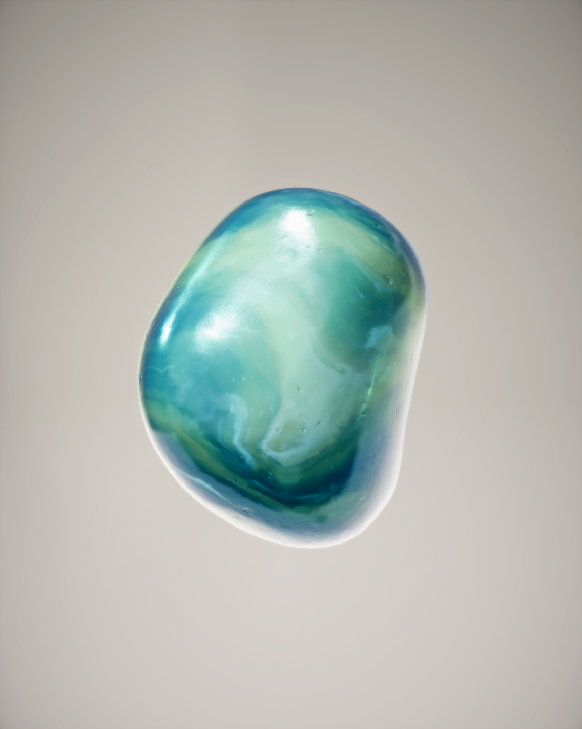 Close-up of a smooth, multicolored gemstone with shades of blue, green, and white against a plain background.