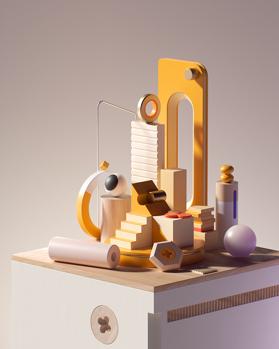 Abstract modern art sculpture with geometric shapes, stairs, and architectural elements in shades of yellow, white, and black placed on a wooden surface.