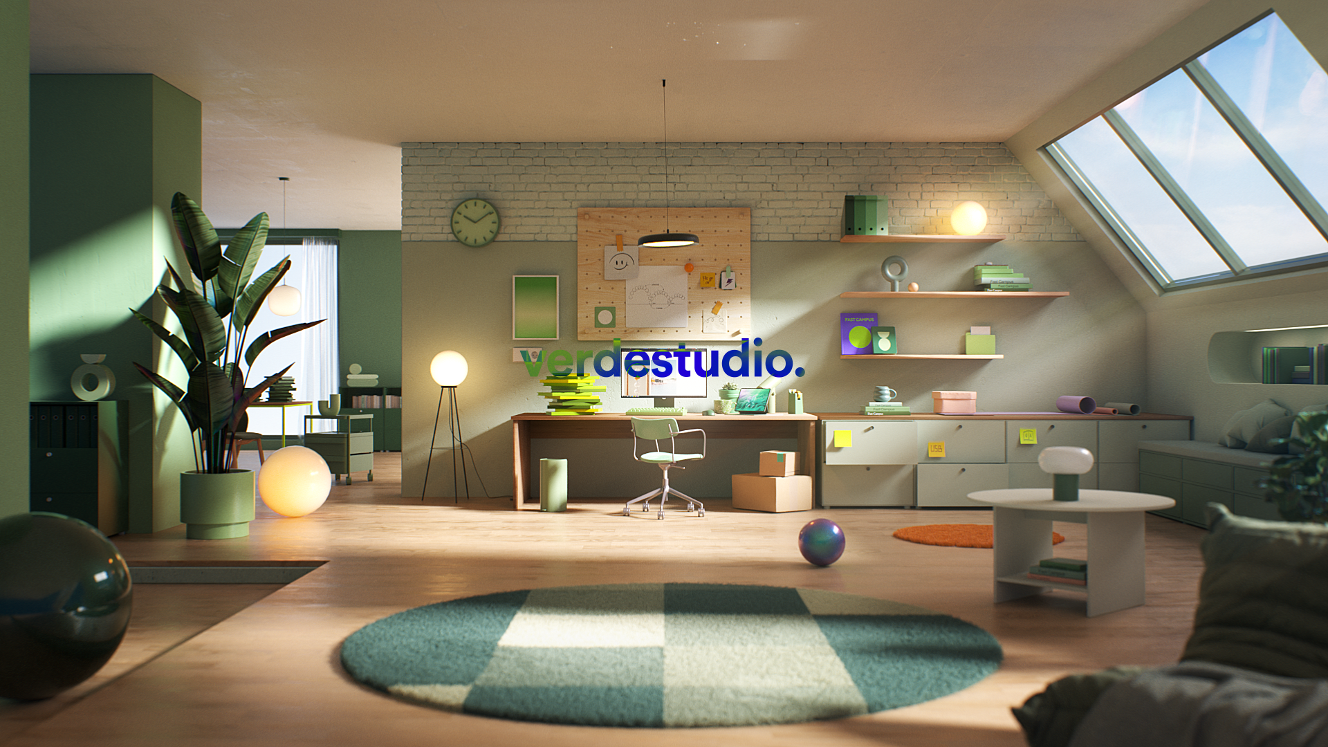 Modern, cozy attic home office with green and beige color scheme, large skylight window, desk with computer and stacks of books, shelves with decor and books, plush chair, sphere lamps, potted plant, and abstract decor accents.