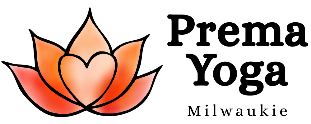 Logo of Prema Yoga in Milwaukee featuring a stylized lotus flower with orange and pink petals and black outline, with the text 'Prema Yoga Milwaukee'.