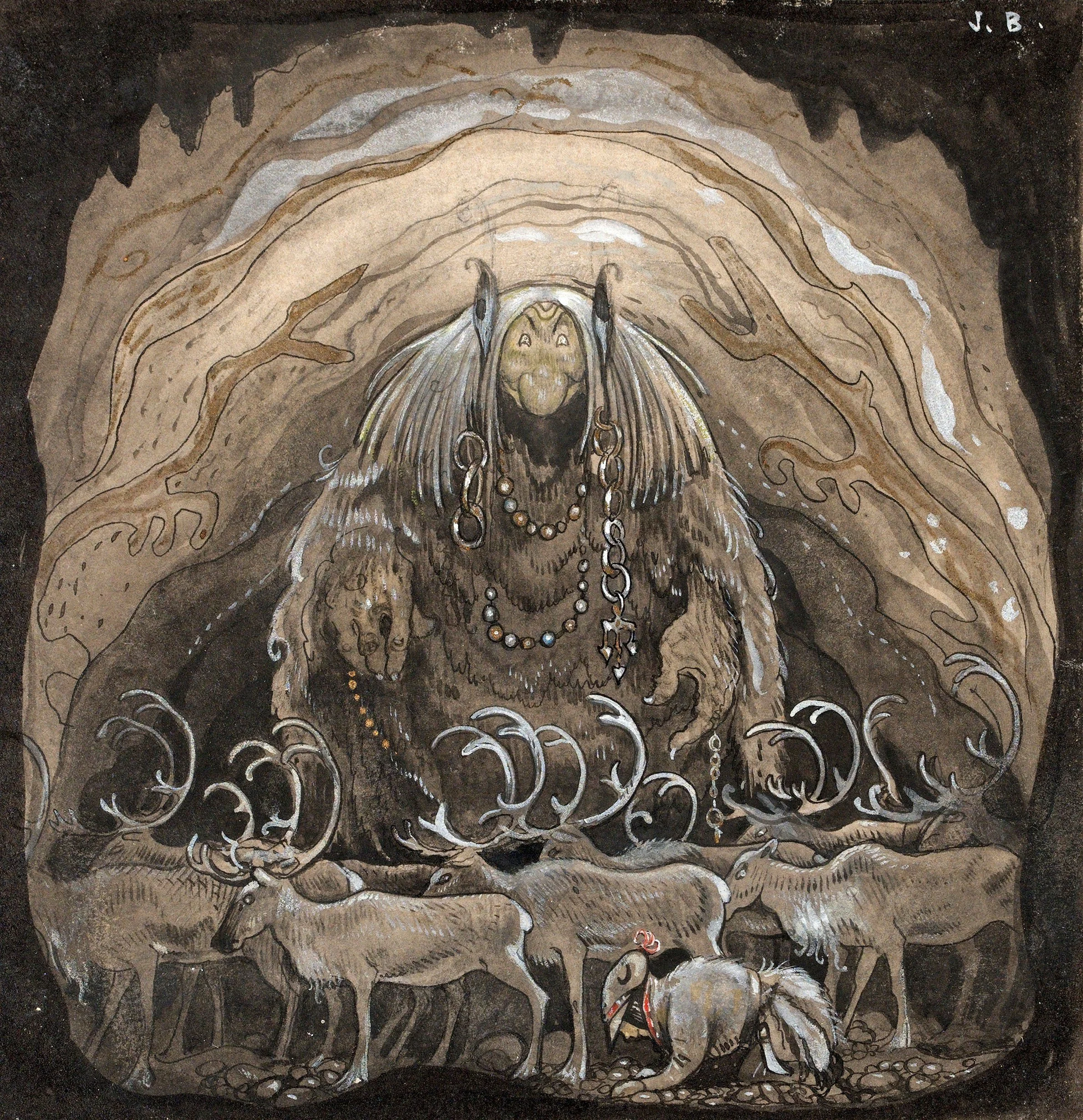 A fantasy illustration of a large creature known as a troll in Scandinavian lore, decorated with chains and beads, sitting among reindeer, set inside a cave with flowing patterns on the walls.