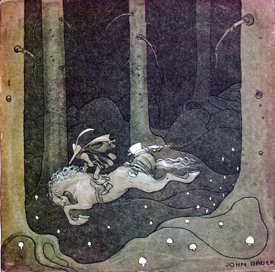 A person riding a horse through a dark, forested, and surreal landscape with trees and ground resembling a starry night sky.