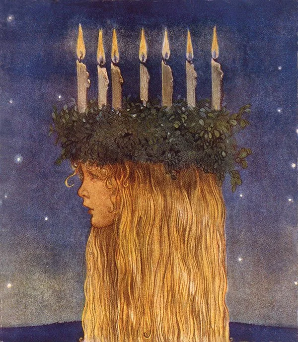 A woman with long, flowing blonde hair wearing a wreath of leaves with seven lit candles on top, set against a starry night sky.