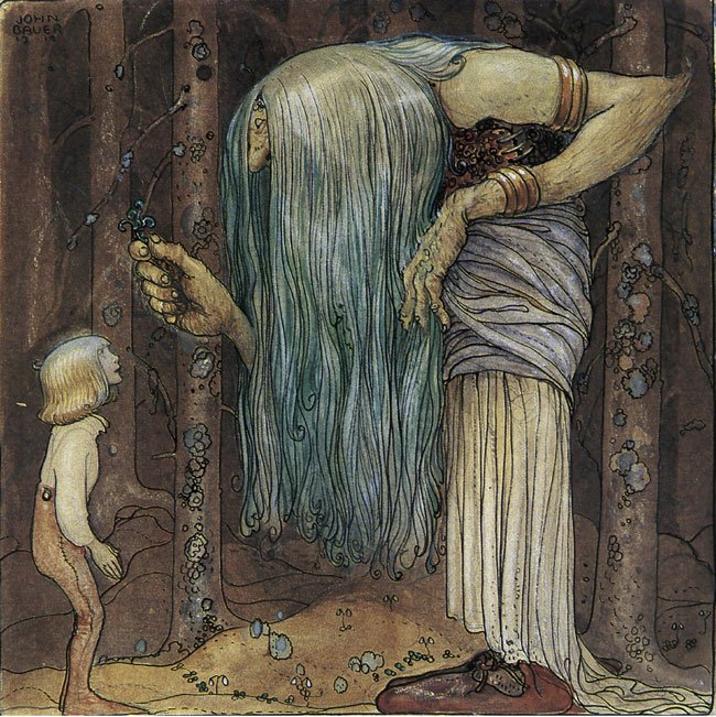 A fantasy illustration of a tall, old troll woman with long, flowing blue hair holding a small sprouted plant, facing a small child with blonde hair and a light-colored outfit, against a dark, textured background.