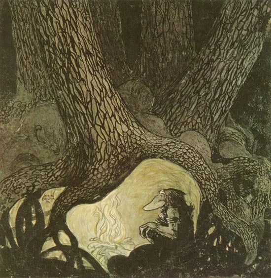 A drawing of a large tree with a hollow at its base, inside which a troll with long hair is sitting by a fire, accompanied by a cat, surrounded by mushrooms and plants.