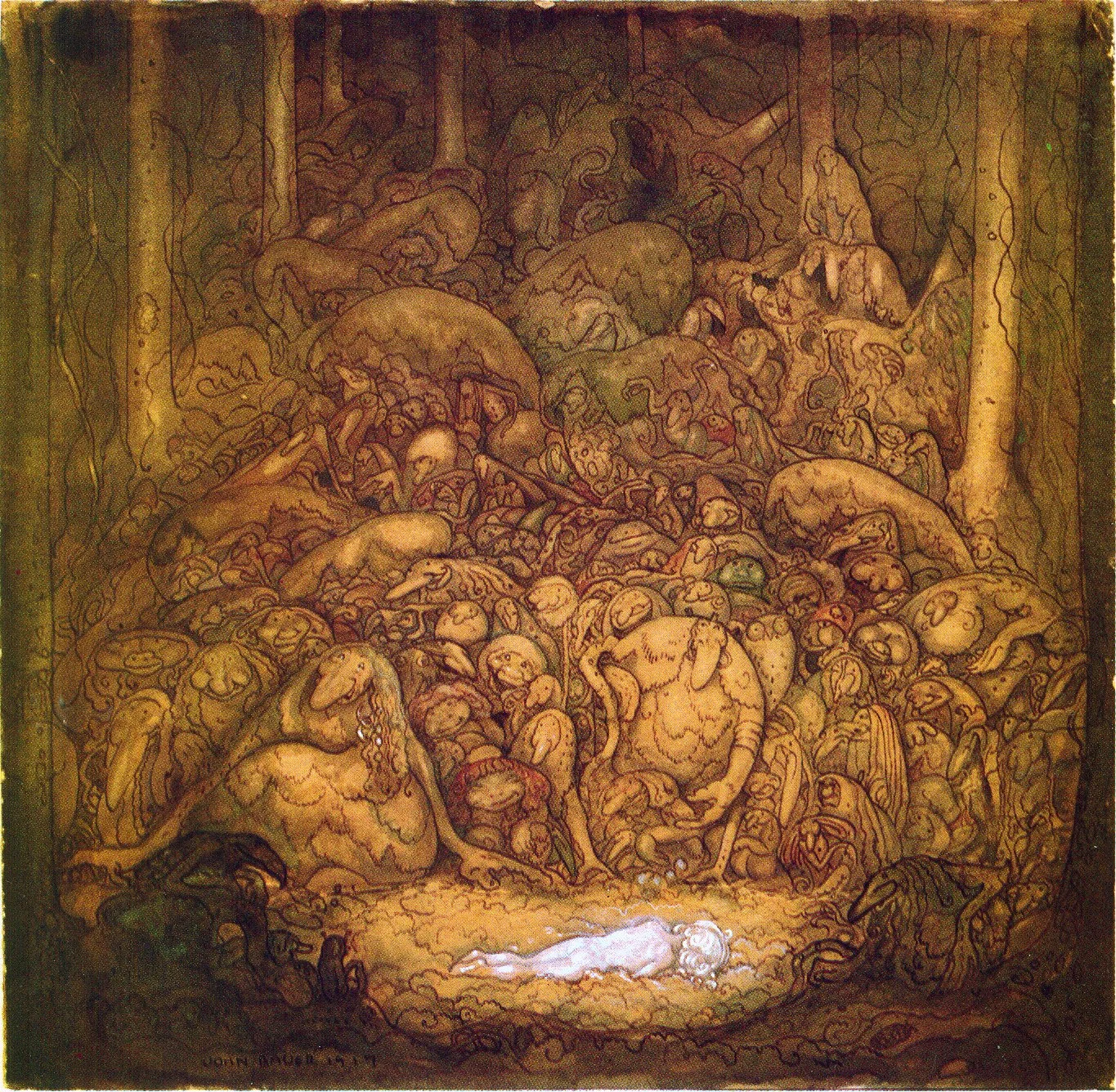 Fantasy illustration of forest spirits and trolls surrounding a sleeping girl, evoking a dreamlike inner world