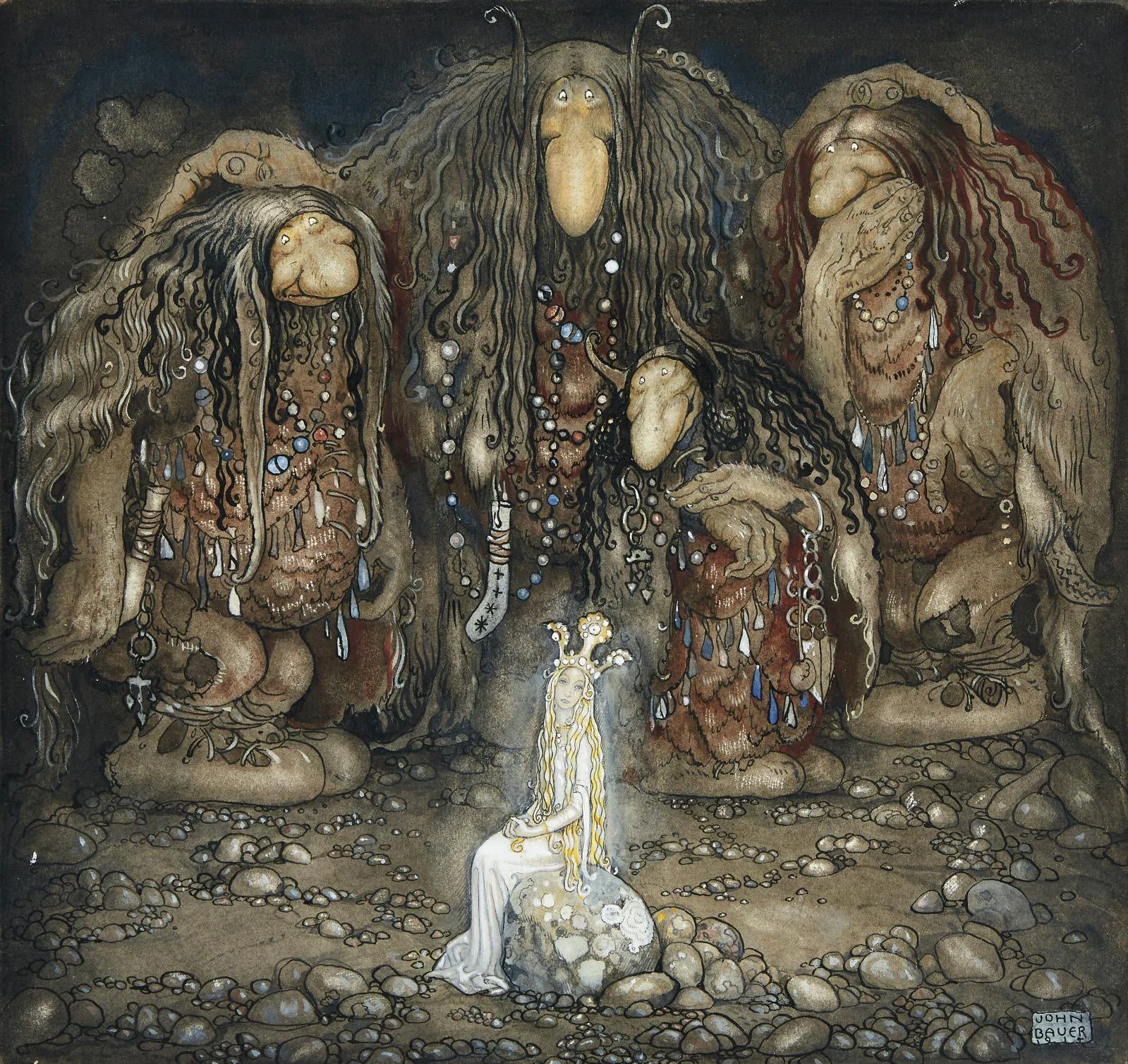 Fantasy scene with a young woman sitting on a rock, surrounded by four large mythical troll creatures with long hair and jewelry, in a dark, rocky setting.
