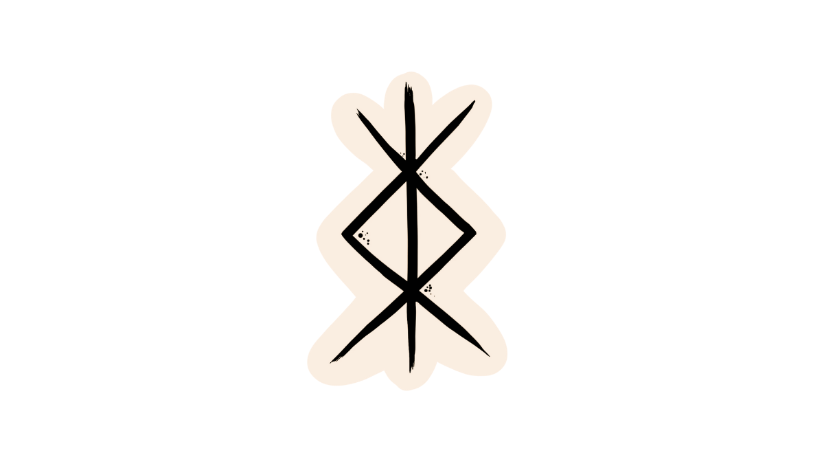 A symmetrical tribal or abstract symbol with black lines and cream-colored background, resembling stylized geometric shapes.